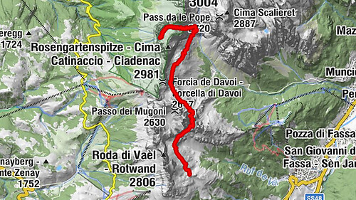 Rosengarten - Schlern Tour; Tag 2/4. Etappe 2. Start Rotwandhütte und Ziel Vajolet Hütte mit Zusatz Steigung Gartlhütte und Santnerpasshütte.