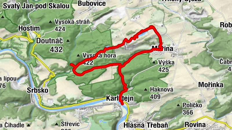 Karlštejn - Budňany - Bubovické vodopády - Mořina