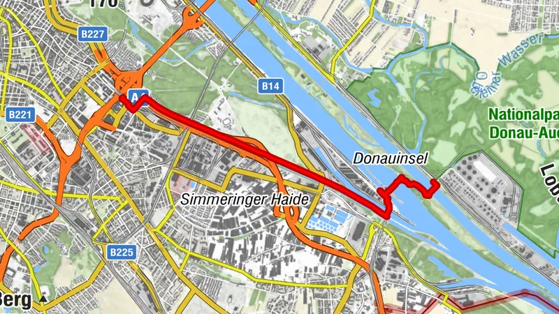 Lobau Walulisobrücke - Kraftwerkbrücke Freudenau -Donaukraftwerk Freudenau - Freudenauer Hafenbrücke - Donaukanal - Erdberg (U3) , Wien/Österreich