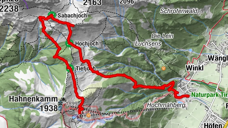 Höfen > Leschauer Alpe > Hochjoch > Schneidspitze > Sabajoch > Schneetalalm > Bergstation Hahnenkamm